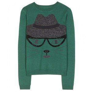 Alice + Olivia green lurex/ rhinestone cat sweater